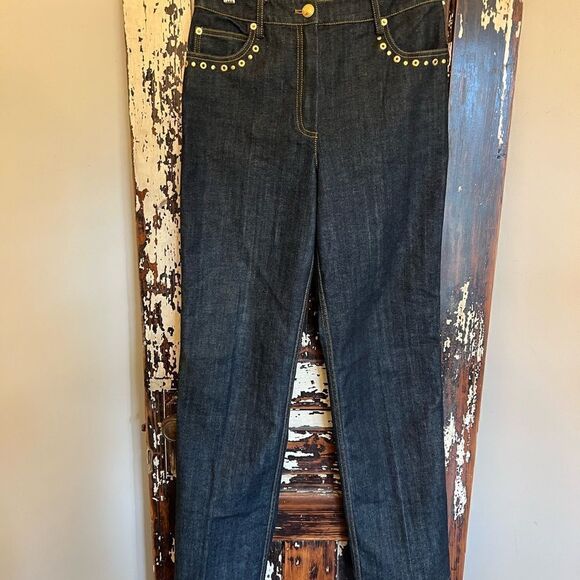 NWOT St. John Sport NWOT Women's Straight Leg Gold Embellished Jeans Size 4 - Picture 1 of 10